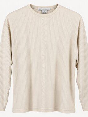 Geoffrey Beene Men's Ivory Ribbed Cotton Crewneck Long Sleeve Shirt – Large